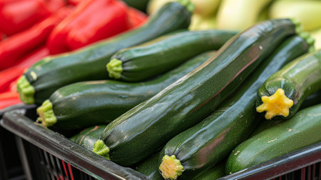 Zucchini on a table with fresh vegetablesの素材