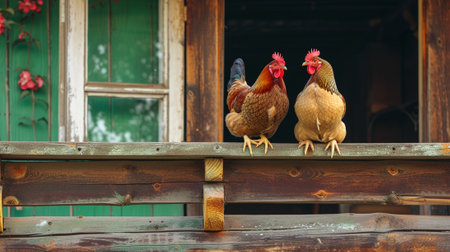Two hens sitting on the balcony of a wooden houseの素材