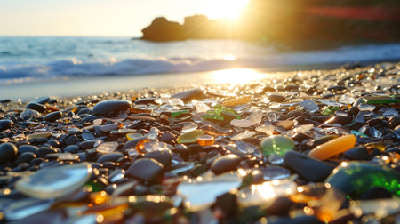 Many pieces of glass bathed in the sun on a beachの素材