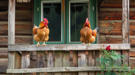 Two hens sitting on the balcony of a wooden houseの素材