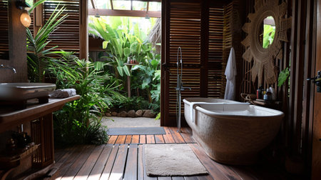 A bathroom in a tourist place in Oceaniaの素材