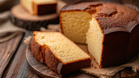 A vanilla cake on a wooden bottom cut into slicesの素材
