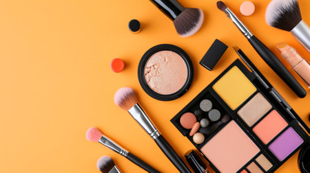 A composition of professional makeup equipment on an orange backgroundの素材