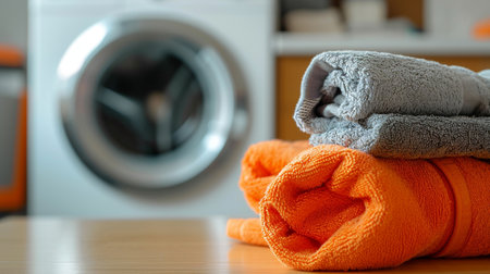Freshly washed towels on the background of a washing machineの素材