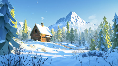 A wooden house in the forest in winter, isometric styleの素材