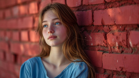 A beautiful girl dressed in blue on a red backgroundの素材