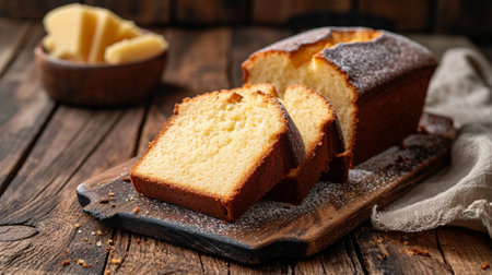 A vanilla cake on a wooden bottom cut into slicesの素材