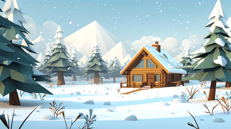 A wooden house in the forest in winter, isometric styleの素材