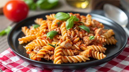 A plate of delicious pasta with tuna and tomato sauceの素材