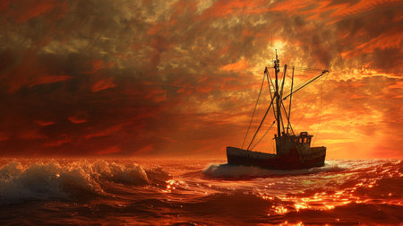 A fishing boat at sea at sunsetの素材