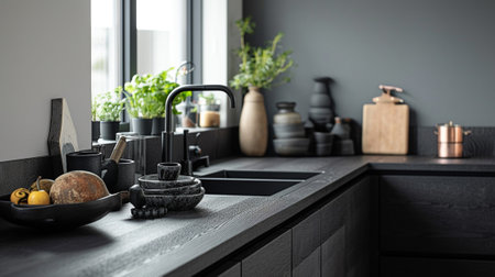 A black kitchen in Scandinavian styleの素材