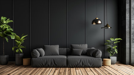A minimalist black interior with a black sofaの素材