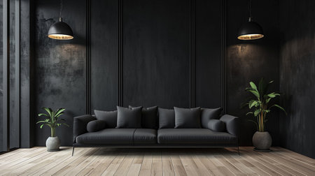 A minimalist black interior with a black sofaの素材
