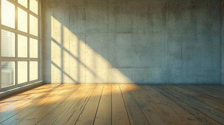 An empty room with a wooden floor, a glass window and a concrete wallの素材