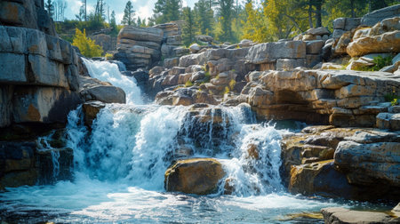 A beautiful waterfall in a rocky areaの素材