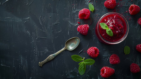 A jar of raspberry jam on a tableの素材