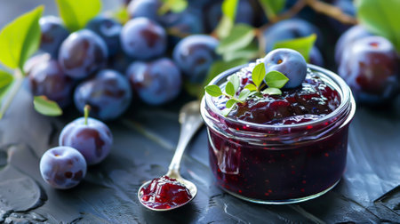 A jar of plum jam on a tableの素材
