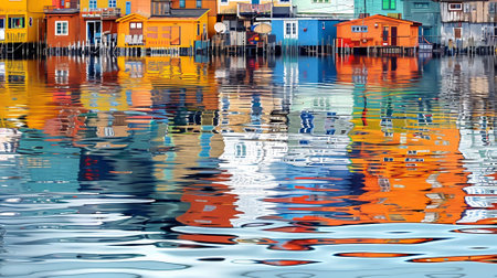 Colorful houses that are reflected in the water of a lakeの素材