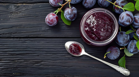 A jar of plum jam on a tableの素材