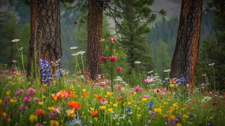A pine forest on a meadow with colorful flowersの素材