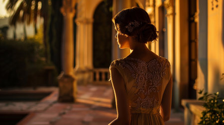 A woman in a dress from the 1920s in the yard of a luxury house from that timeの素材