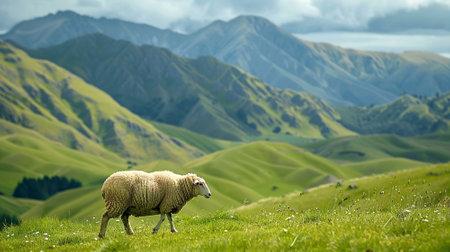 A sheep grazing on a plain in the mountainsの素材