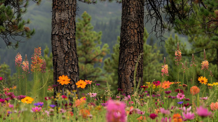 A pine forest on a meadow with colorful flowersの素材