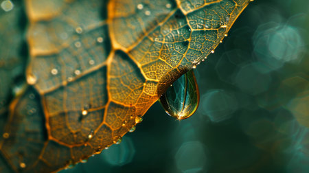 Macro photo of a drop of water on a leafの素材