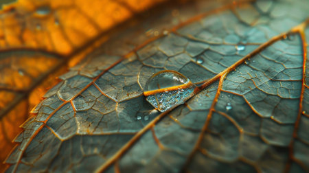 Macro photo of a drop of water on a leafの素材