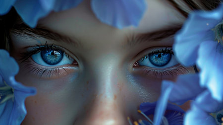Portrait of a girl with blue eyes among blue flowersの素材