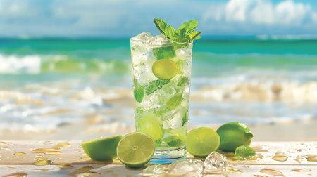 A glass of cold mojito, against the background of a beachの素材