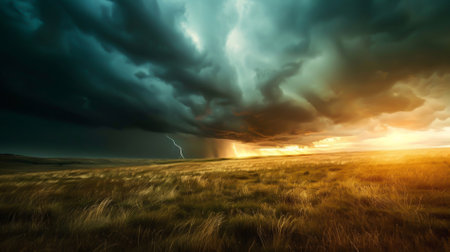 Storm clouds above a field and the sun driving them awayの素材