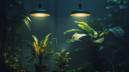 Plants that grow in a dark room under light bulbsの素材
