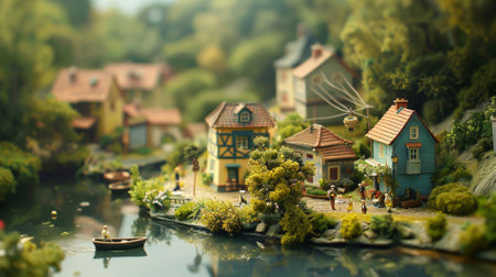 A diorama of some houses on the bank of a riverの素材