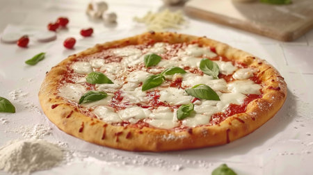 A fresh pizza on a white backgroundの素材