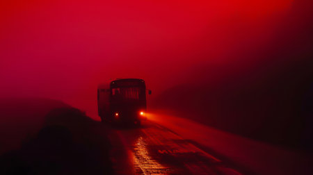 A bus on a street, a dense red fogの素材
