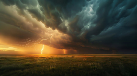 Storm clouds above a field and the sun driving them awayの素材
