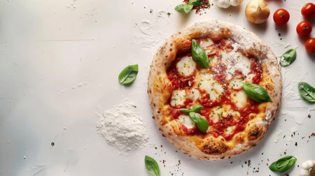 A fresh pizza on a white backgroundの素材