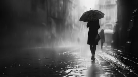 A girl with an umbrella on a street, black and white imageの素材