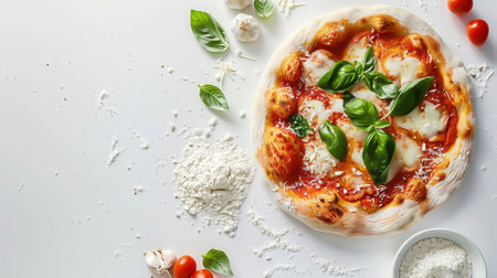 A fresh pizza on a white backgroundの素材