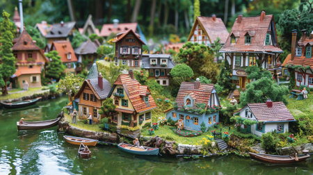A diorama of some houses on the bank of a riverの素材
