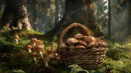 A basket of mushrooms in the forest at the trunk of a treeの素材