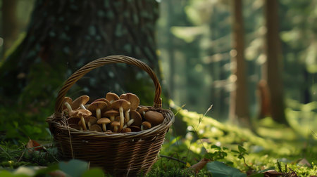 A basket of mushrooms in the forest at the trunk of a treeの素材
