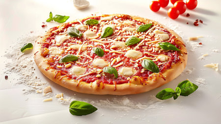 A fresh pizza on a white backgroundの素材