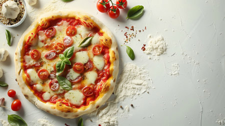 A fresh pizza on a white backgroundの素材
