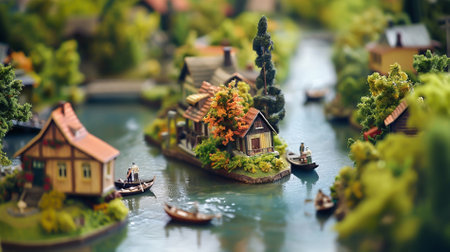 A diorama of some houses on the bank of a riverの素材