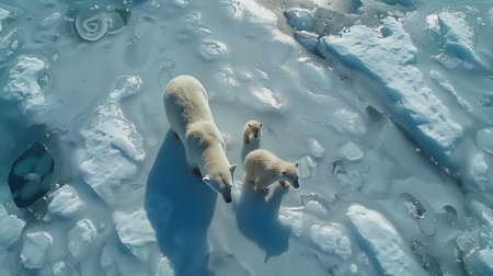 A polar bear and its cub through the snowの素材