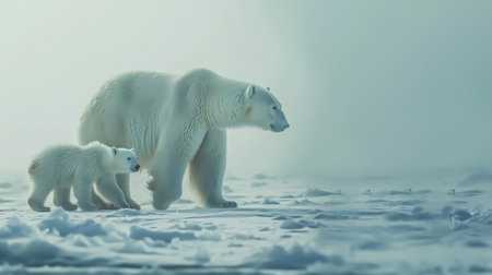 A polar bear and its cub through the snowの素材