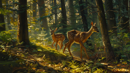 A doe and her cub through the forestの素材