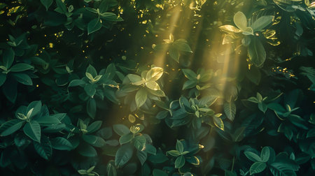 The rays of the sister crossing a green bushの素材